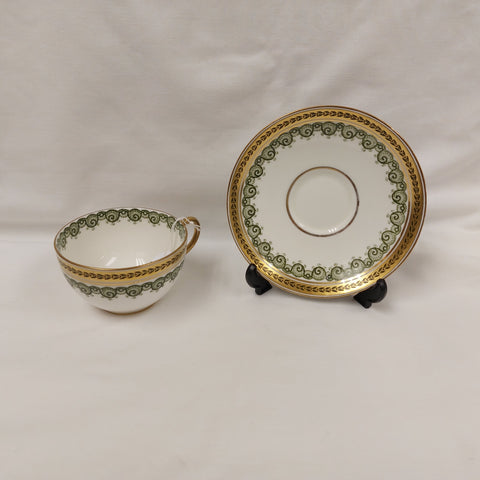 Royal Doulton Cup & Saucer - White, Green and Gold