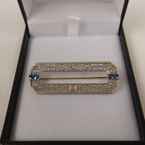 Art Deco 14ct Gold, Platinum Diamond & Sapphire Brooch