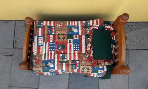 Handmade Rimu colourful dolls bed complete with mattress, quilt & pillow