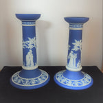 Dark Blue and White Candlestick Pair - Early Wedgewood